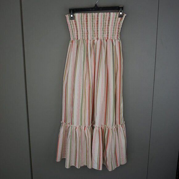 Mystic Sun Strapless Smocked Midi White Striped Sundress with Ruffle Hem size S - Picture 1 of 16